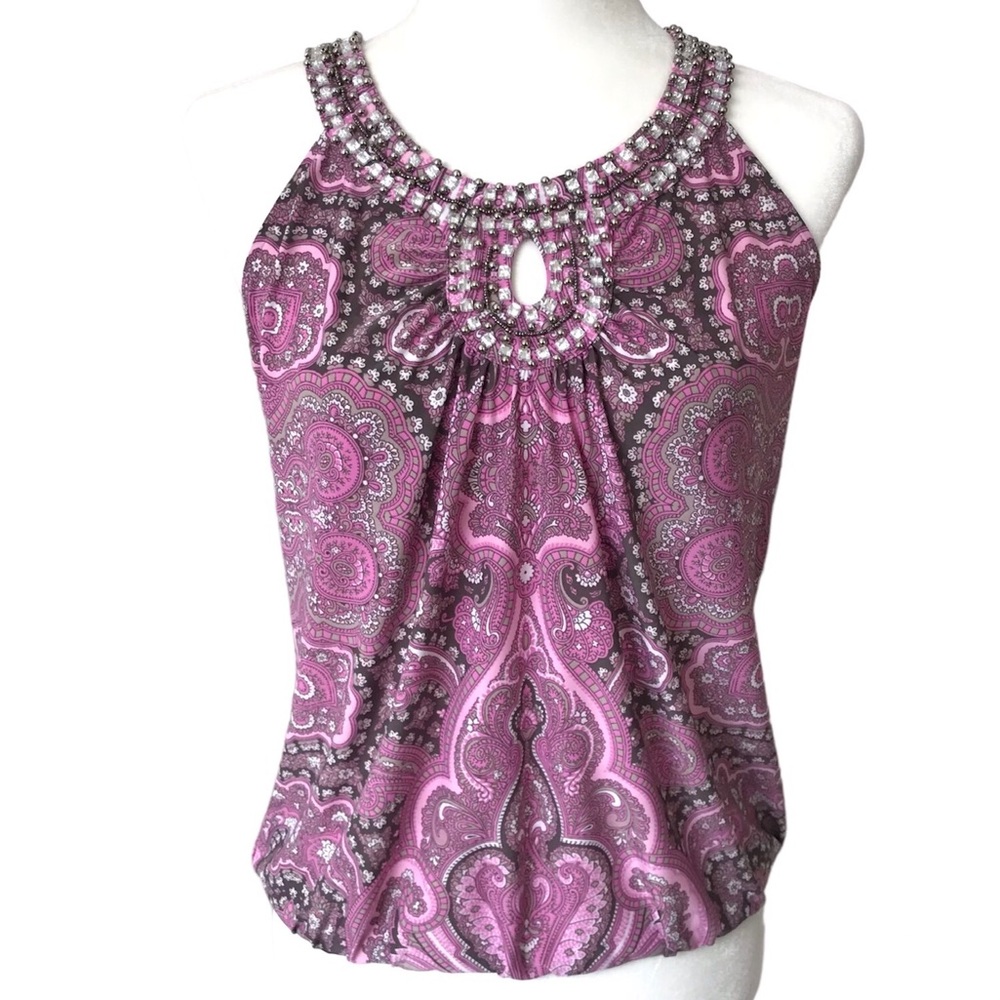 Macy’s INC Pink Paisley Sleeveless Crystal Studded Top Blouse